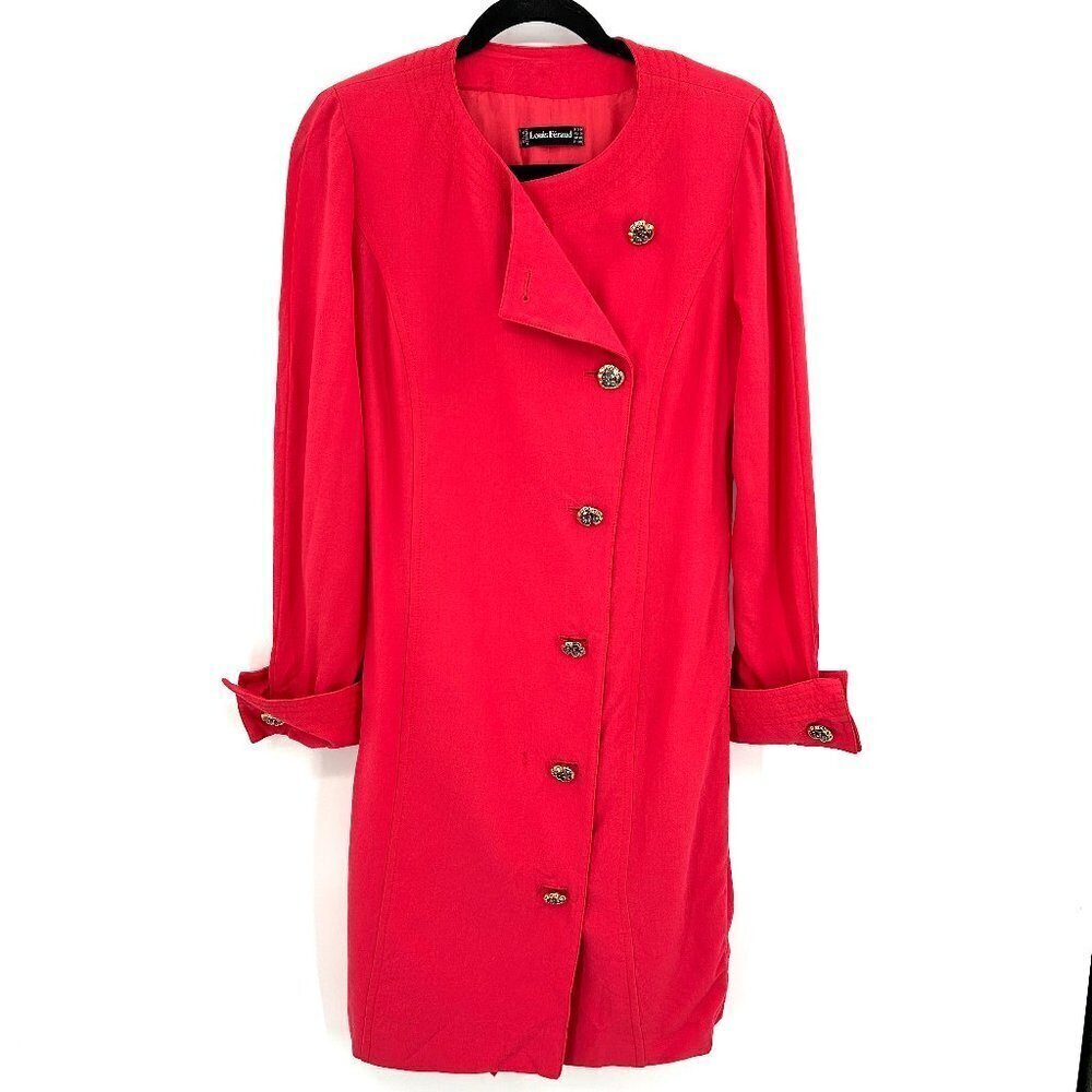 LOUIS FERAUD Vintage Pink Wool Asymmetrical Button Up Shoulder Pad Coat Dress 6
